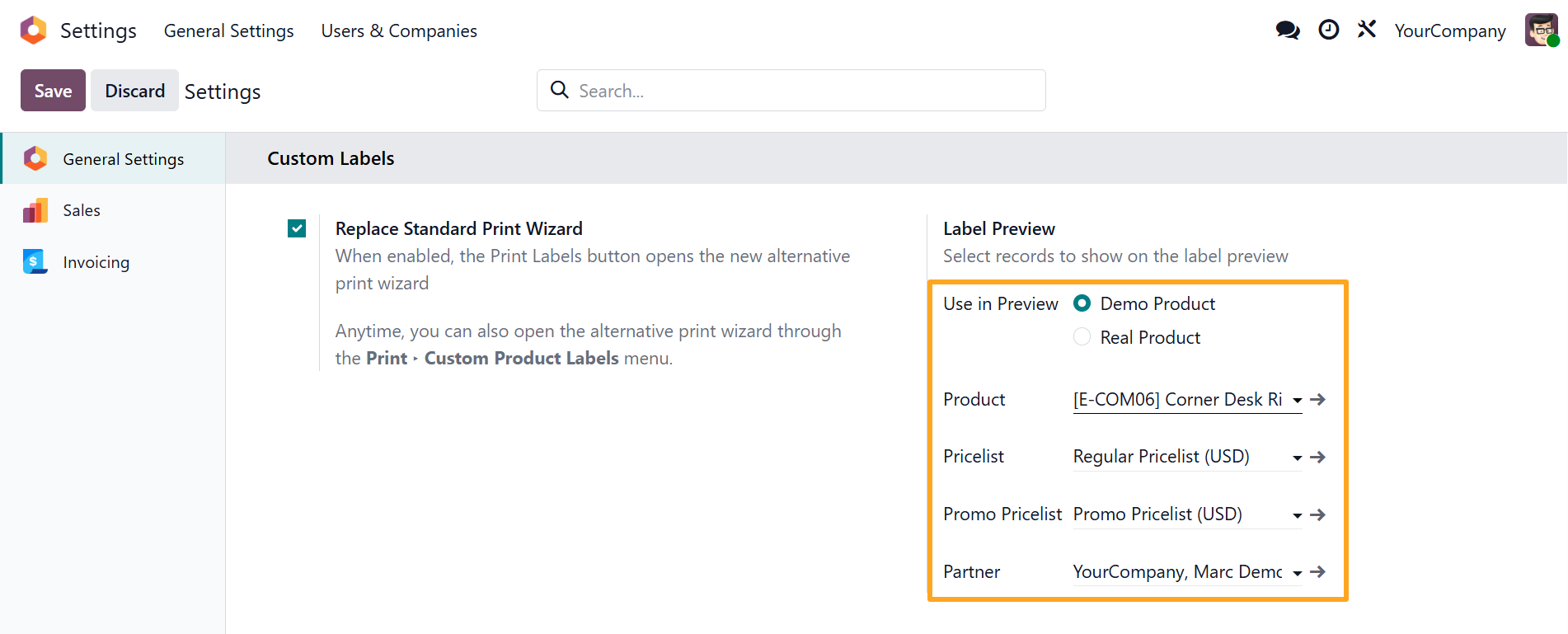 Odoo 19.0 Product Label Builder Start Preview Settings